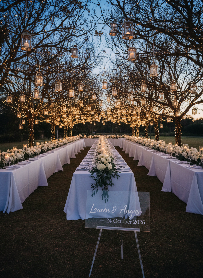 An atmospheric evening scene of an outdoor wedding reception space, shown without guests, where long rectangular tables are draped in crisp white linen and decorated with low arrangements of white flowers and eucalyptus. Dozens of hanging glass lanterns and fairy lights are strung overhead between tall trees, casting a warm, golden glow over the setting. In the foreground, a simple acrylic sign on an easel reads “Lauren & Angus – 24 October 2026” in modern calligraphy. Photographic realism, captured at blue hour with a wide-angle view, sophisticated and inviting, emphasizing light, texture, and quiet anticipation.