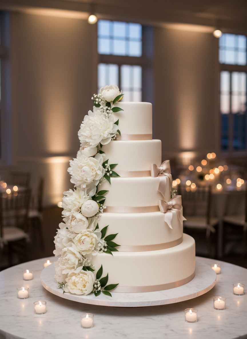 An ornate, multi-tiered wedding cake covered in smooth white fondant, each tier wrapped with a narrow satin ribbon in a soft champagne hue. Fresh white peonies and tiny sprigs of greenery cascade artfully down one side. The cake stands alone on a polished marble pedestal in a minimalist reception space, with out-of-focus candlelit tables suggested in the distance. Subtle spot lighting from above highlights the cake’s contours while surrounding tea lights cast warm, flickering reflections on the marble. Photographic realism, framed using the rule of thirds at a slightly elevated angle, evoking understated luxury and anticipation.