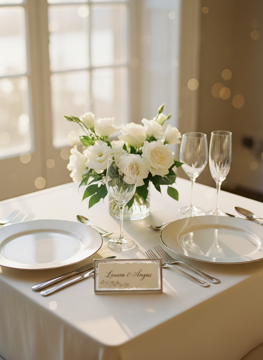 A beautifully set wedding table for two, seen in close-up without any people, featuring fine bone china plates with a delicate platinum rim, crystal stemware, and polished silver cutlery arranged precisely on a soft ivory tablecloth. A low arrangement of white roses, lisianthus, and eucalyptus sits in a simple glass vase, with a hand-lettered place card reading “Lauren & Angus” framed elegantly in the foreground. Warm, diffused golden hour light streams across the table from tall nearby windows, catching the facets of the crystal and creating gentle bokeh in the background. Photographic realism with an eye-level composition, refined, calm, and sophisticated.