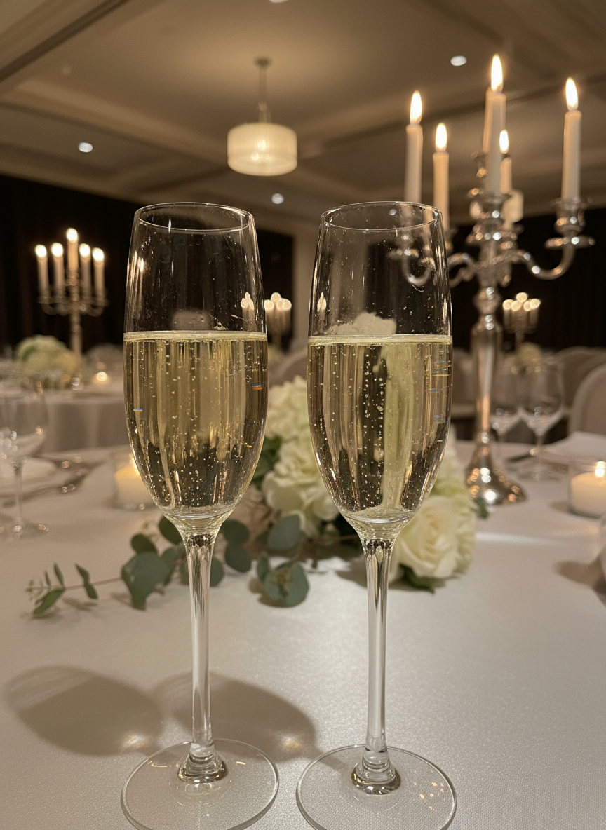 A close-up of two crystal champagne flutes filled with pale gold sparkling wine, their long, slender stems catching the light. Behind them lies a refined, slightly blurred backdrop of a wedding reception: ivory table linens, silver candlesticks, and small floral arrangements in white and soft greenery. Tiny bubbles rise inside the glasses, illuminated by warm pendant lighting overhead and the soft glow of numerous candles, creating gentle reflections on the glass. Photographic realism, shot at eye level with a shallow depth of field, conveying a sophisticated, celebratory atmosphere perfectly suited to an elegant wedding evening.