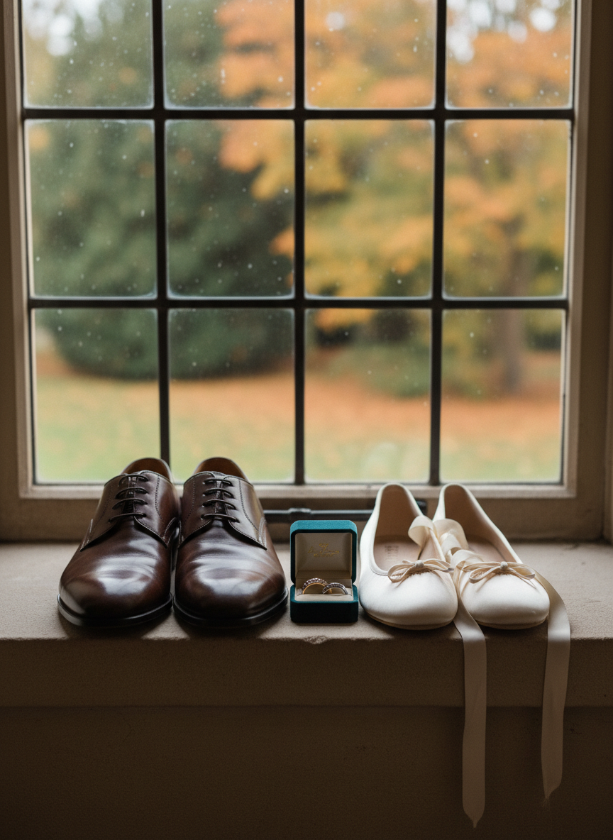 A refined still life featuring a pair of polished leather dress shoes in deep espresso brown and delicate ivory satin ballet flats, placed side by side on a smooth stone windowsill. Between them sits a small, open velvet ring box revealing two coordinating wedding bands. Outside the leaded-glass window, a softly blurred autumn garden hints at turning leaves in muted golds and greens, subtly referencing late October. Cool natural daylight streams through, creating gentle highlights on the shoe leather and a luminous glow on the satin. Photographic realism with a contemplative, romantic mood and balanced, minimalist composition.